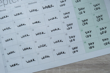 4 day work week printed calendar with weekend days four day working week concept. Modern approach...