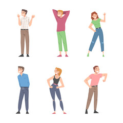 Fototapeta premium Happy Male and Female Character Smiling with Joy and Excitement Vector Set