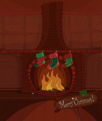 Vector Christmas series. Beautiful fireplace with fire brning and three stockings waiting for Santa Claus. Available space for your text
