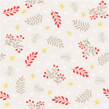 Hand drawn floral winter seamless pattern with Christmas tree branches and berries. Vector illustration background