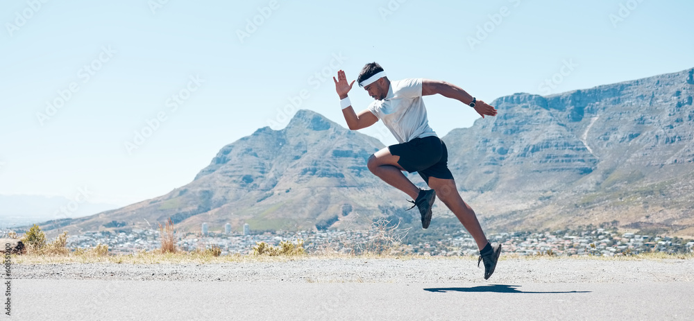 Canvas Prints Man, fitness and mountain running on road for cardio workout, training or exercise banner in nature. Fit, active or sport male person, athlete or runner exercising on asphalt street with mockup space