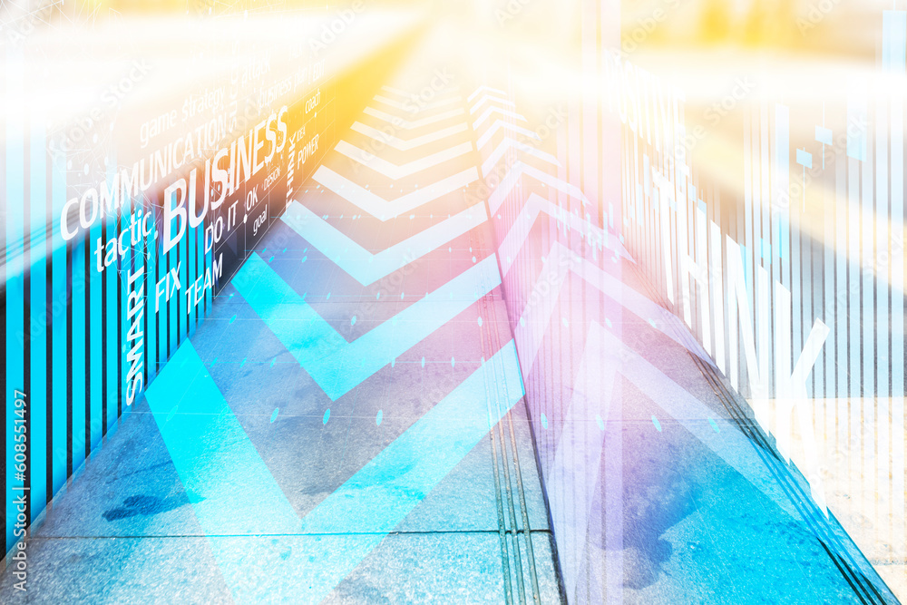 Poster abstract image of arrows facing forward neon lights.,the dedication to the objective is in plain sig