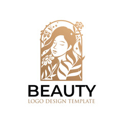 Beautiful Woman Logo With Gold Leaves and Flowers