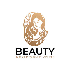 Beautiful Woman Logo With Gold Leaves and Flowers