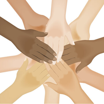 Circle of multiracial human hands. Illustration on white background
