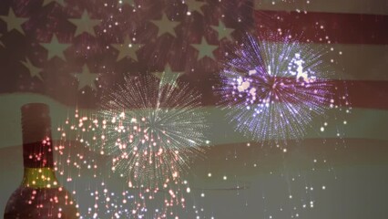 Animation of fireworks over bottle of wine and glasses and flag of united states of america - Powered by Adobe