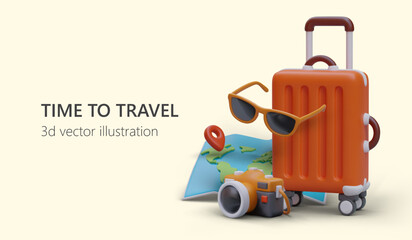 Bright vector template for advertising flyer with 3D elements. Time to see world. Organization of trips abroad. Travel guide services. Reservation and purchase of tourist tickets
