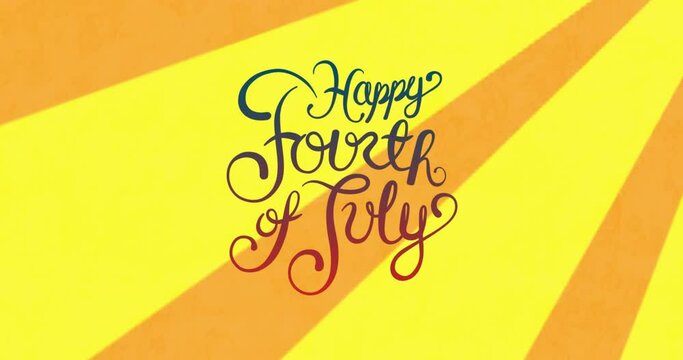 Animation of 4th of july day text over yellow stripes spinning