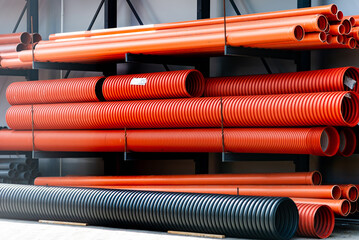 Plastic pipes for waste sewerage.Drainage and sewerage. Modern technologies of building houses and ennobling the territory.Corrugated pipes are on the street.