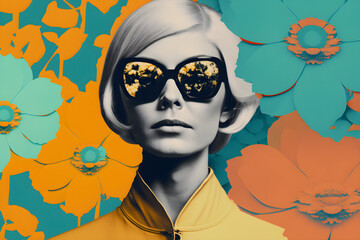 retro fashion woman with sunglasses and colourful flowers