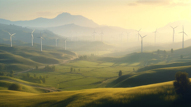 Renewable Energy Concepts. Wind Power in Mountain Valley. Carbon Neutral and Emission ,ESG for Clean Energy. Sustainable Resources, Environmental Care. Mist in the Morning. AI generative