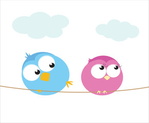 Two cartoon birds sitting on a wire. Vector illustration