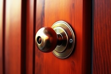 Closeup doorknob of wooden door between open or close. Generative AI - obrazy, fototapety, plakaty