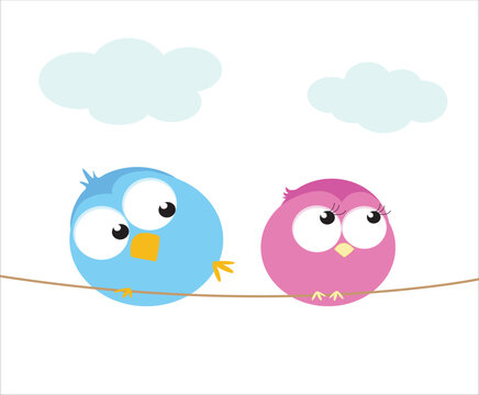 Two cartoon birds sitting on a wire. Vector illustration