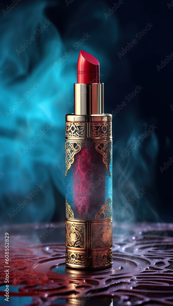 Poster a close up of a red lipstick on a table. generative ai.