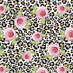 Watercolor flowering roses on the leopard texture pattern