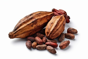 Cocoa beans with cocoa pod isolated on white background. Generative AI