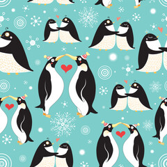 New seamless pattern with penguins on a green background