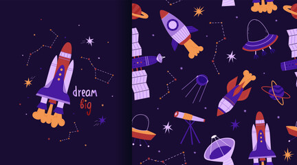Cosmic seamless pattern and poster. Rockets, stars, satellite and UFO. Stars, planets and constellations. Vector illustration in a flat style. International Day of Human Space Flight and Cosmonautics