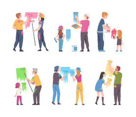 Obraz premium Young Family with Kid Holding Paint Roller Making Repair and Home Renovation Vector Illustration Set