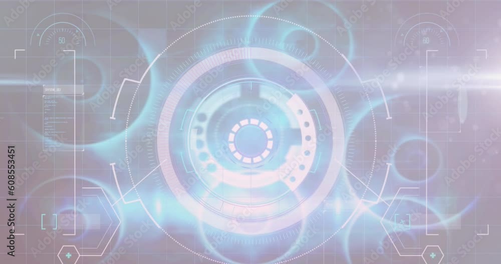 Poster animation of multiple circles, geometric shape and geometric shapes over computer language