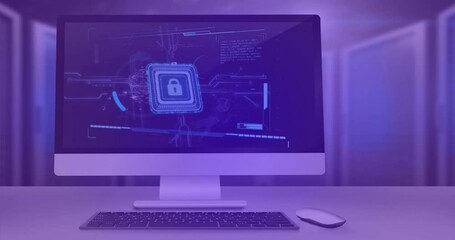 Animation of connected dots forming globe, padlock and computer language in computer