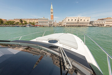 amazing view of venice from motor yacht on the sea, italy - 608553471