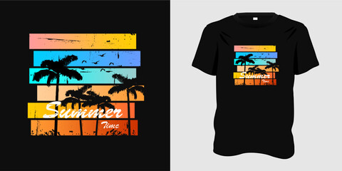 California Summer Time graphic T-shirt design with beach sunset background, typography style, tee, palm tree symbol, print, template, shirt, vector illustration, perfect for summer t-shirt