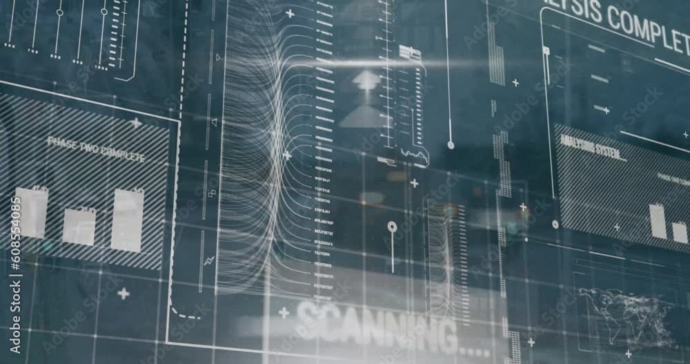 Poster animation of graphs, loading bars, map and computer language over moving vehicles on street