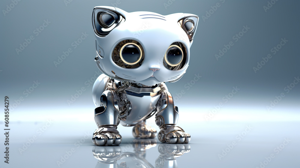 Poster a robot cat sitting on top of a table. generative ai.