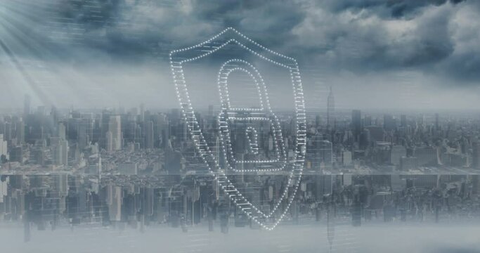 Animation of dots padlock in shield over modern cityscape against cloudy sky