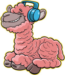 pink llama is listening to good music on headphones