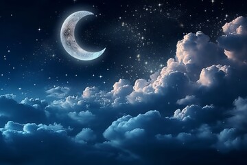 Obraz na płótnie Canvas A mystical crescent moon drifts amidst a sea of midnight clouds, casting a subtle glow upon the nocturnal canvas. Generative AI