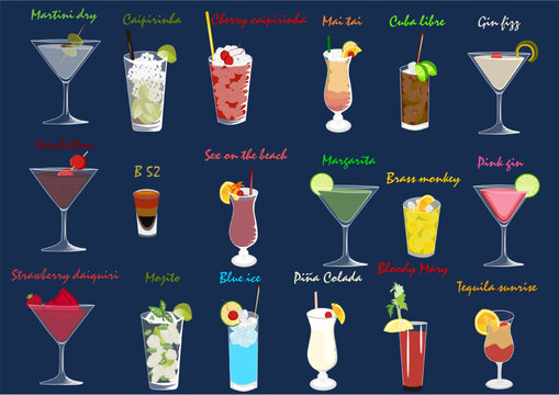 Set of different kind of alcoholic cocktails and drinks
