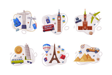 Travel and Tourism with Different City Landmark and Objects Vector Composition Set