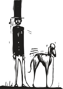 Tall man in top hat with a greyhound dog.