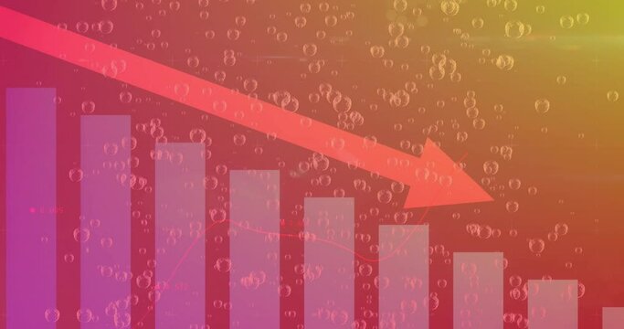 Animation of falling arrow and graph over looping bubbles against abstract background