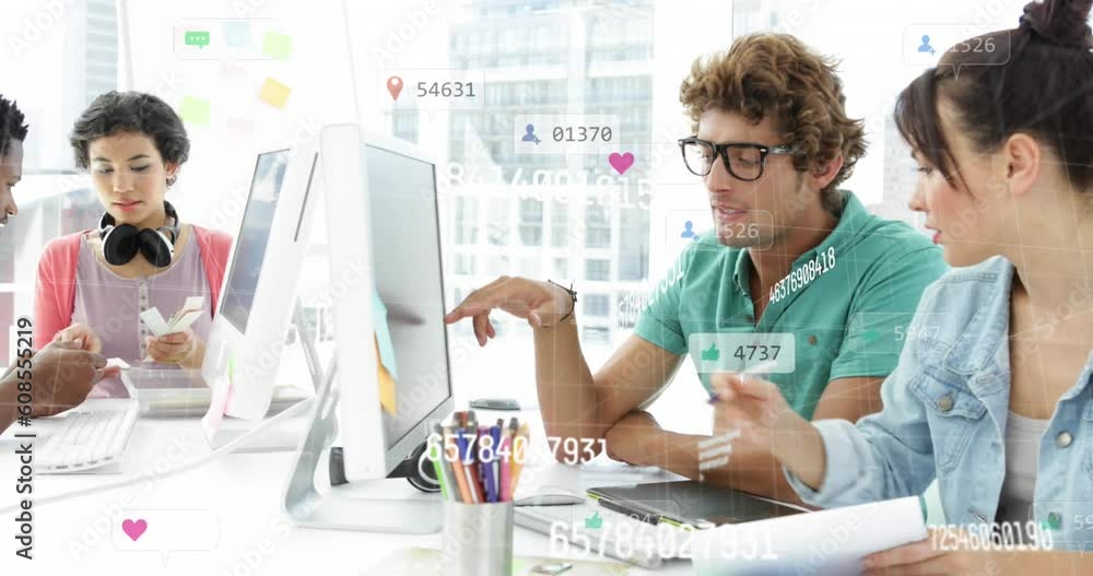 Aufkleber animation of changing numbers and icons in message boxes over diverse coworkers working in office