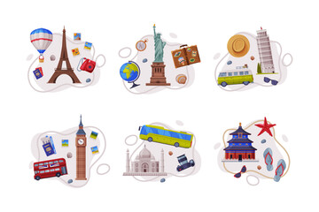 Travel and Tourism with Different City Landmark and Objects Vector Composition Set