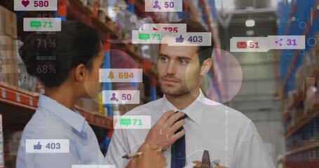 Animation of notification bars, infographic interface, diverse coworkers discussing in warehouse - Powered by Adobe