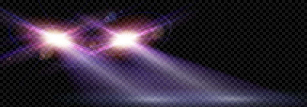 Realistic night car light flare vector effect isolated on transparent background. Front view vehicle headlight lamp beam glow. 3d spooky dark headlamp lense spotlight of sport race auto design.