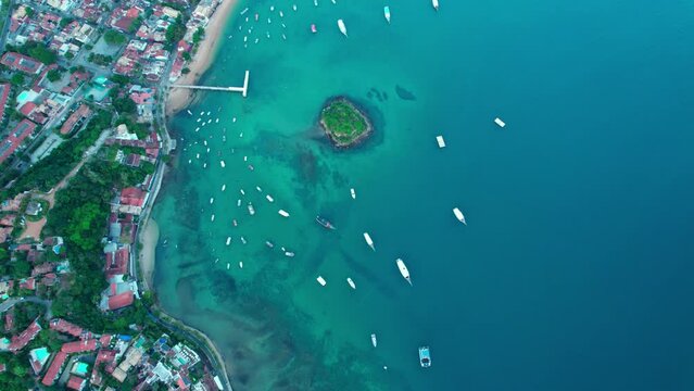 Aerial Drone Fly Above Seabed of Rio de Janeiro Blue Ocean, Idyllic Travel Destination in Ilha do Caboclo, B&uacute;zios, in Morning Clear Daylight