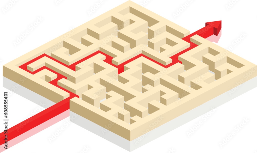 Poster red arrow going through the maze. path across a labyrinth, eps 8 vector