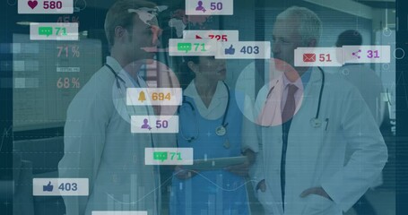 Animation of notification bars and infographic interface, diverse doctors discussing patient reports - Powered by Adobe