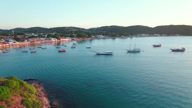 Aerial Panoramic Above Boats Docked in B&uacute;zios Sea Bay, Rio de Janeiro Unpolluted Blue Subtropical Travel Destination in Brazil, Ilha Do Caboclo