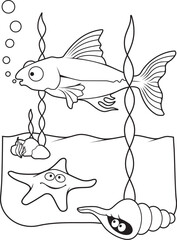 Underwater scene with fish starfish and shell cartoons, line art for coloring book page.