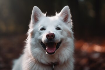 Obraz premium Portrait of a white Samoyed dog in the autumn forest AI Generated