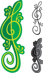 Treble clef shaped like a green lizard isolated on black background.