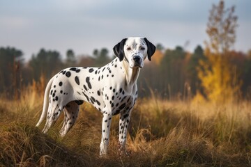 Dalmatian dog standing in the autumn field. Selective focus. AI Generated