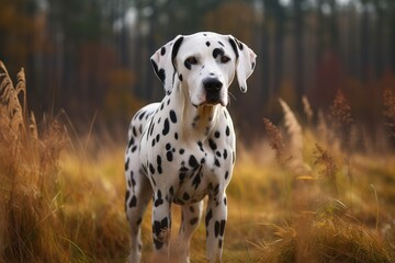 Dalmatian dog standing in an autumn forest and looking at camera AI Generated